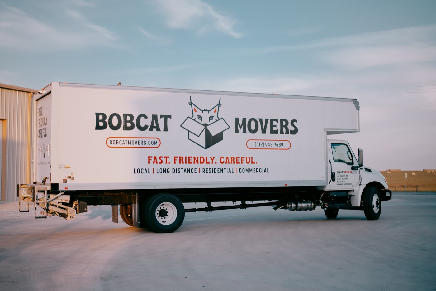 Bobcat Movers branded box truck at the San Marcos yard